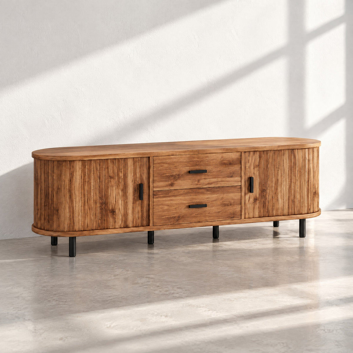 Meuble TV arrondi chêne rustique cannelé 150 cm, au soleil