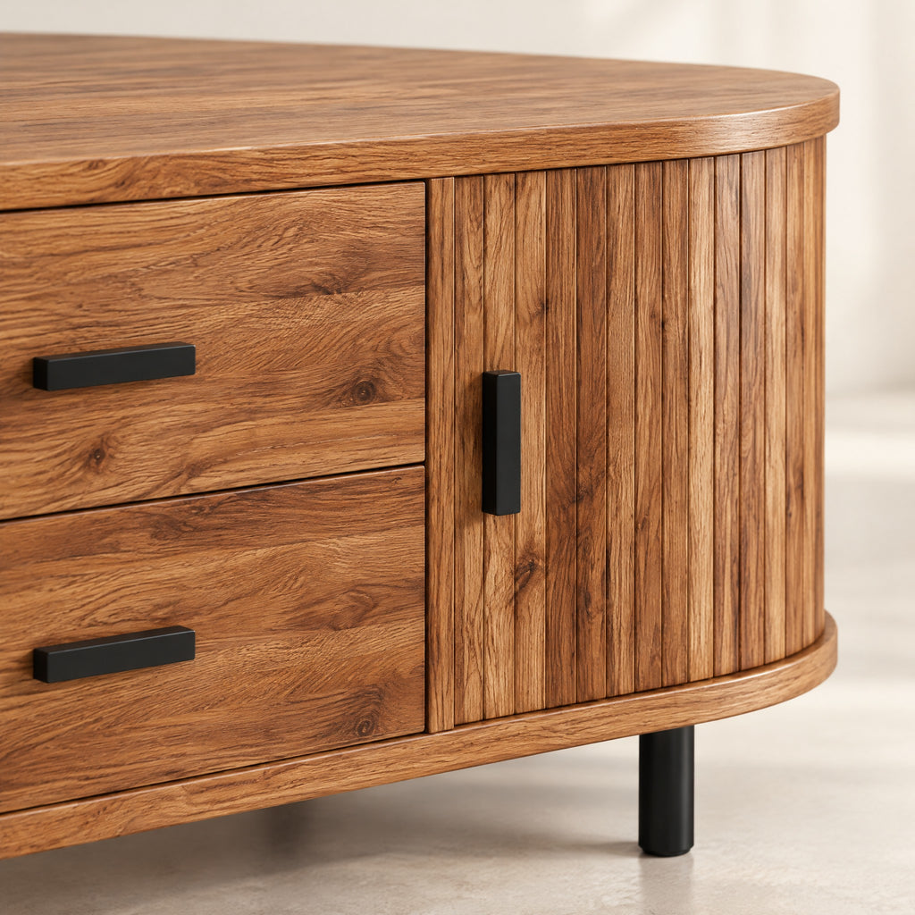 Meuble TV arrondi chêne rustique cannelé 150 cm, détail de la finition