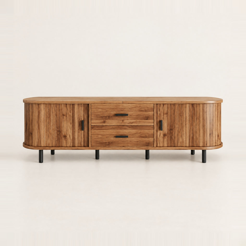 Meuble TV arrondi chêne rustique cannelé 150 cm, vue de face