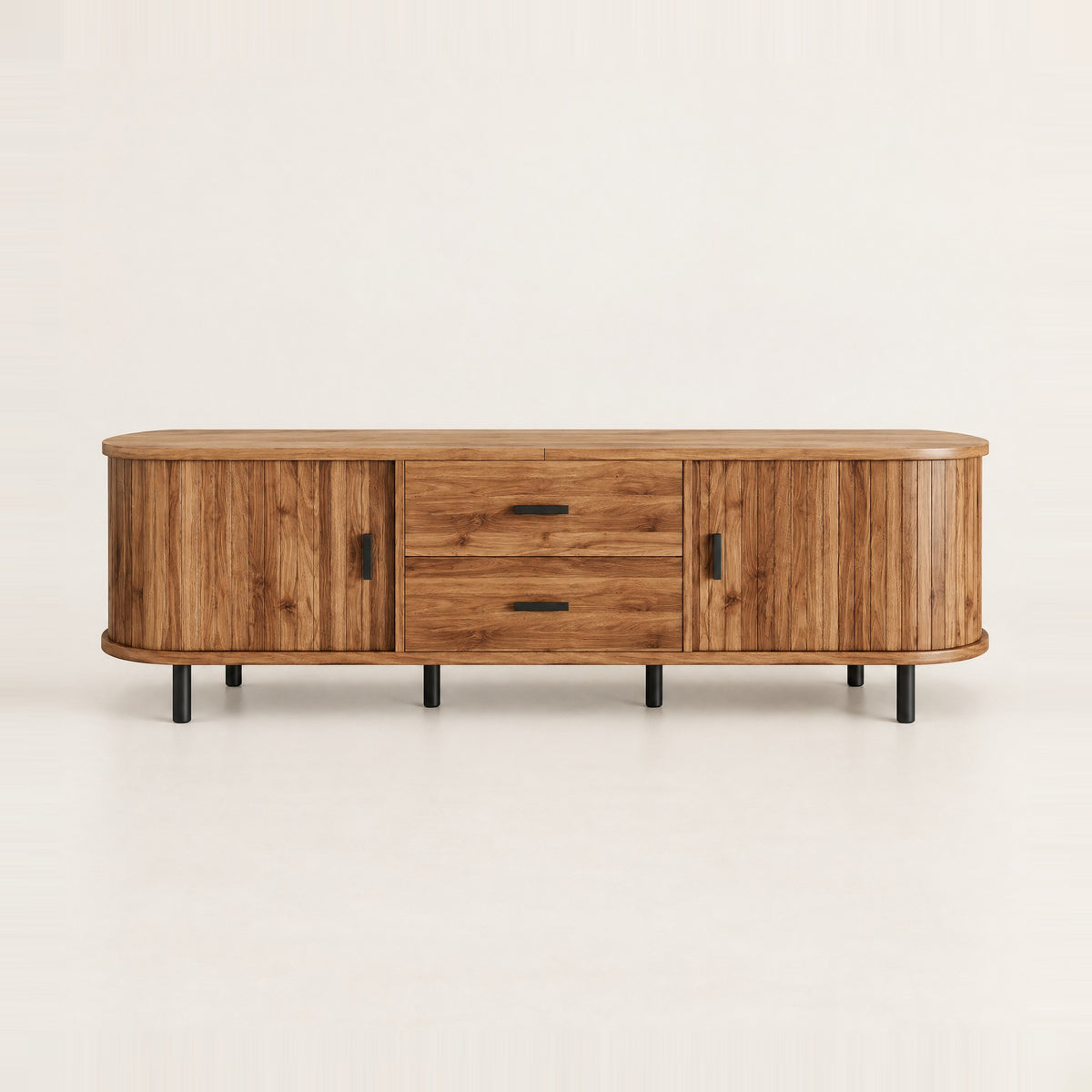 Meuble TV arrondi chêne rustique cannelé 150 cm, vue de face