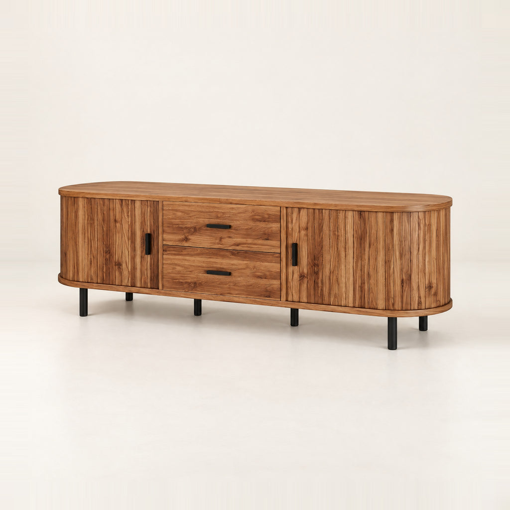 Meuble TV arrondi chêne rustique cannelé 150 cm, vue de trois quarts