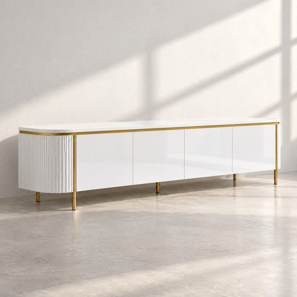 Meuble TV arrondi sur cadre doré 180 cm, blanc, au soleil