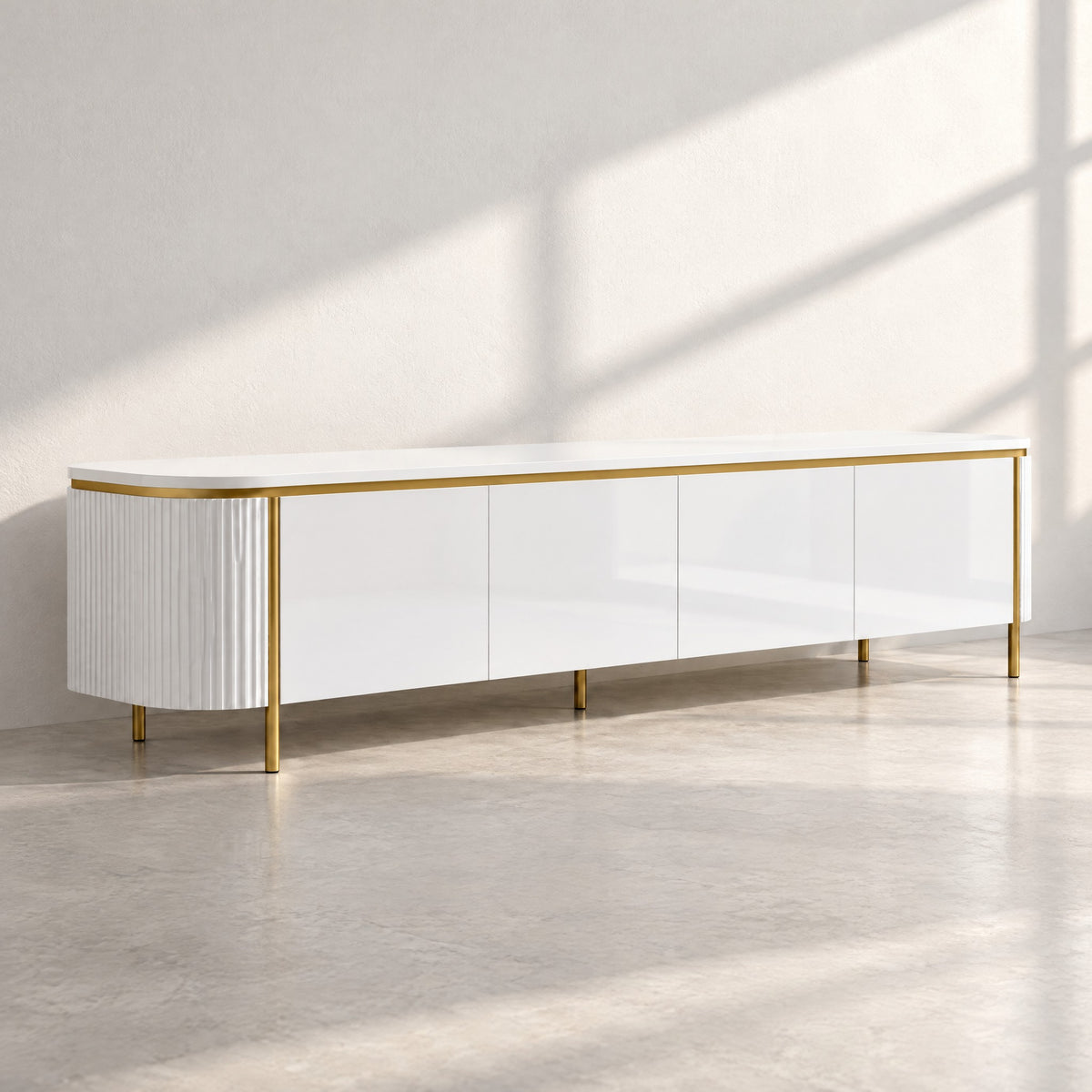 Meuble TV arrondi sur cadre doré 180 cm, blanc, au soleil