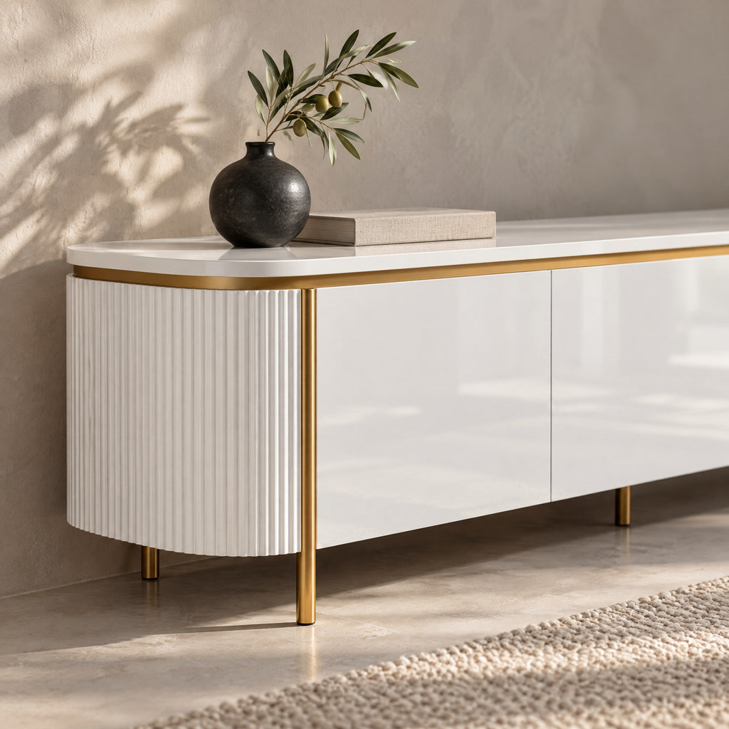 Meuble TV arrondi sur cadre doré 180 cm, blanc, gros plan