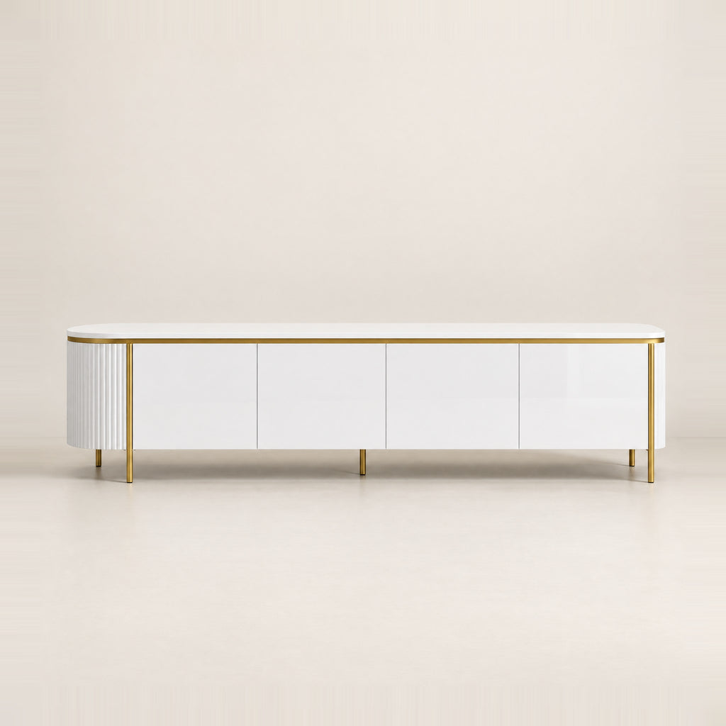 Meuble TV arrondi sur cadre doré 180 cm, blanc, vue de face