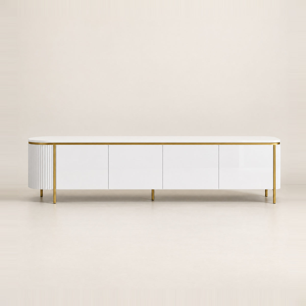 Meuble TV arrondi sur cadre doré 180 cm, blanc, vue de face