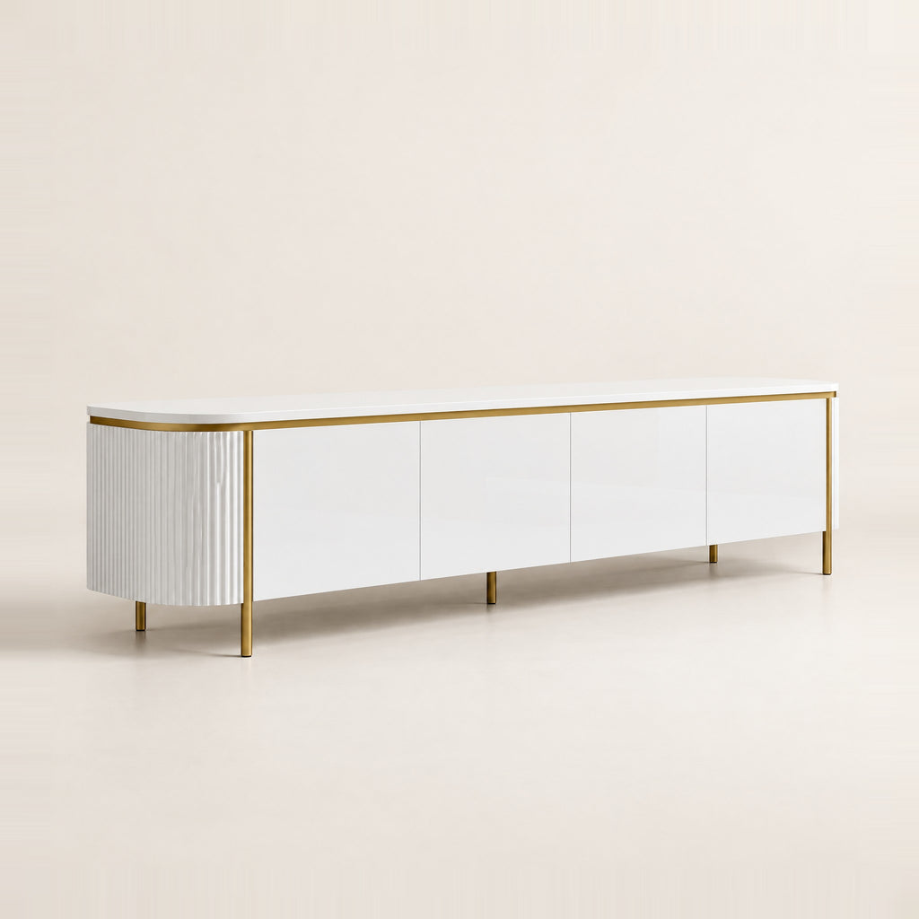 Meuble TV arrondi sur cadre doré 180 cm, blanc, vue de trois quarts