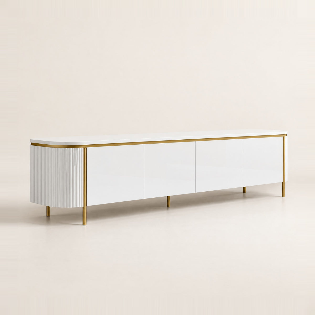 Meuble TV arrondi sur cadre doré 180 cm, blanc, vue de trois quarts