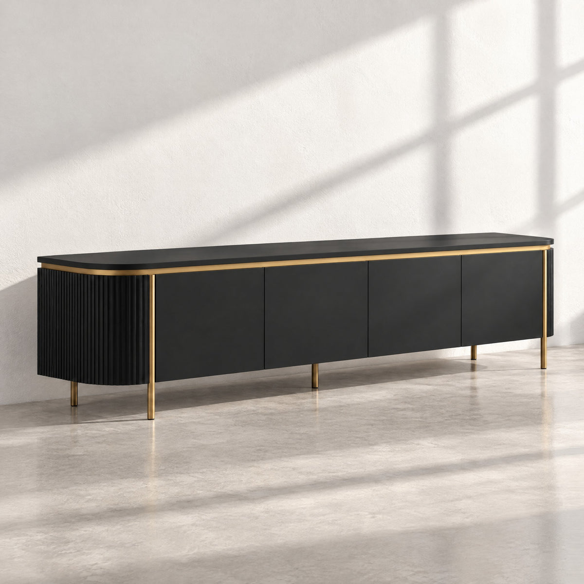 Meuble TV arrondi sur cadre doré 180 cm, noir, au soleil