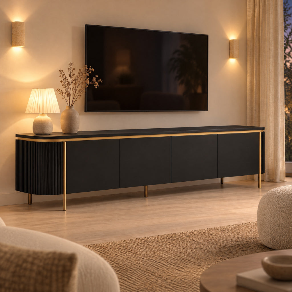 Meuble TV arrondi sur cadre doré 180 cm, noir, dans un salon le soir