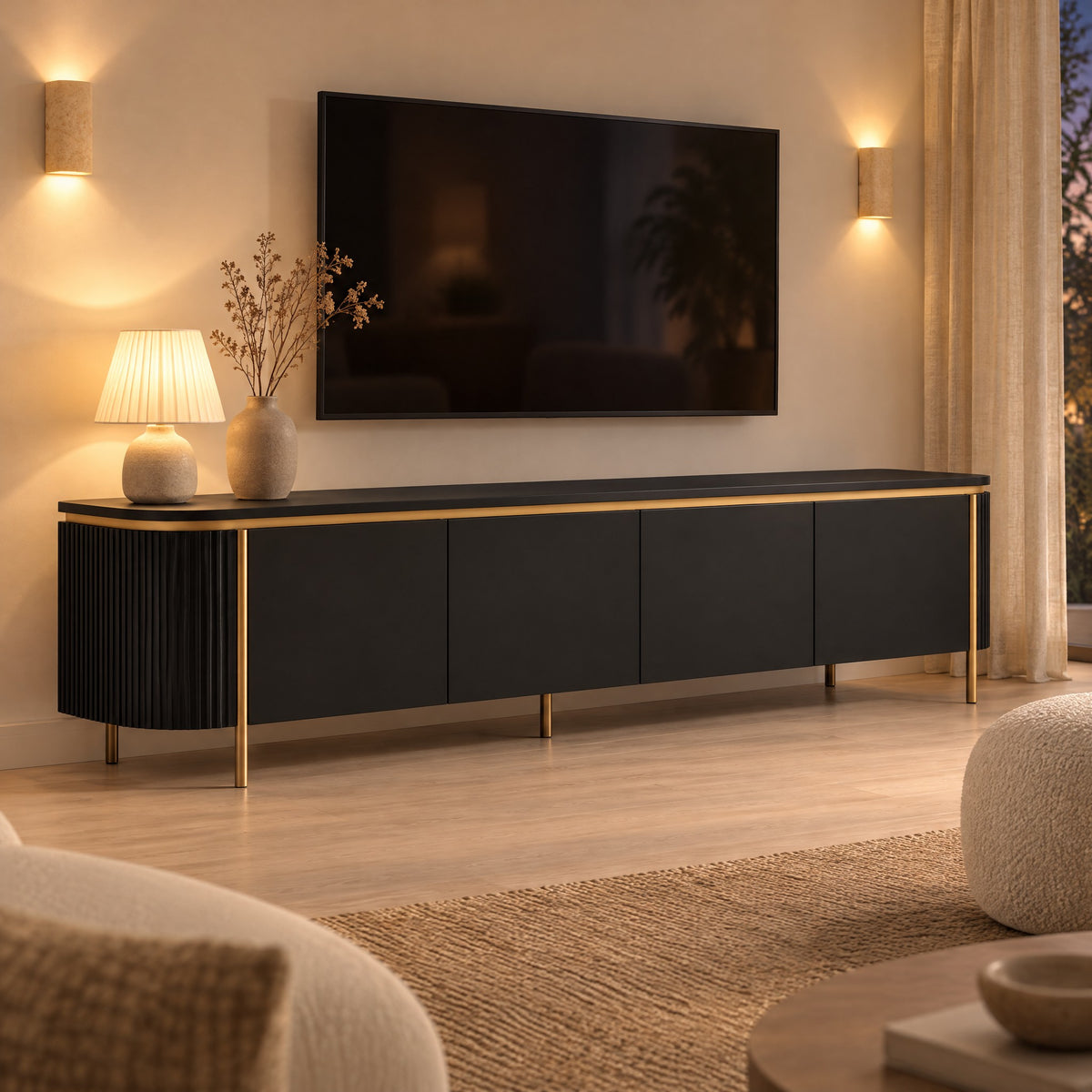 Meuble TV arrondi sur cadre doré 180 cm, noir, dans un salon le soir