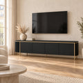 Meuble TV arrondi sur cadre doré 180 cm, noir, dans un salon