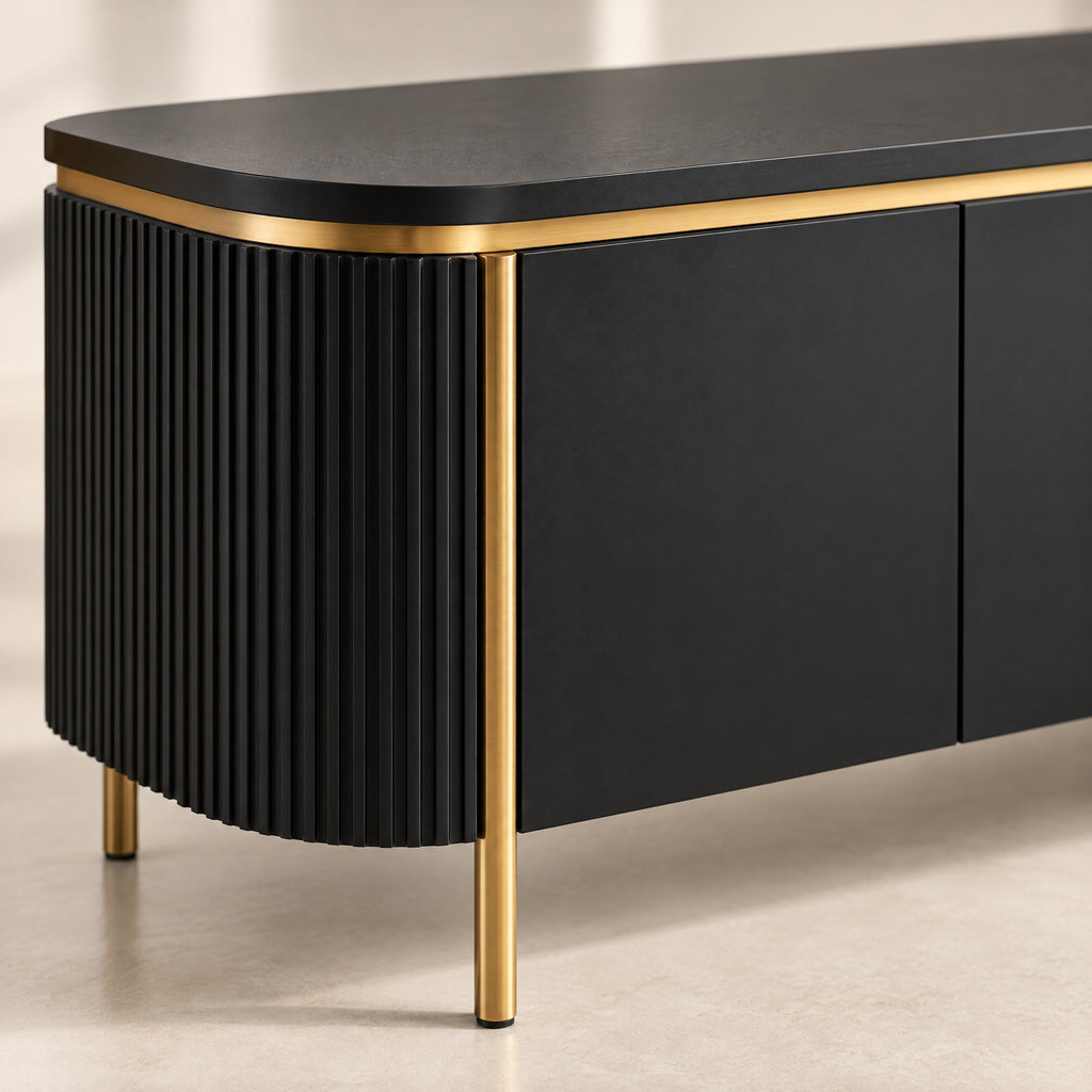 Meuble TV arrondi sur cadre doré 180 cm, noir, détail de la finition
