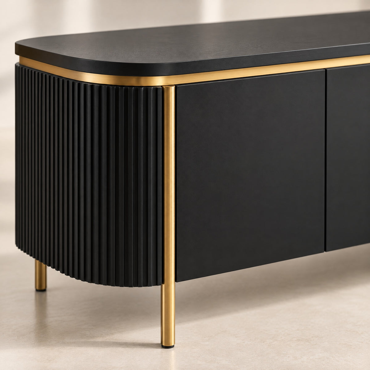 Meuble TV arrondi sur cadre doré 180 cm, noir, détail de la finition