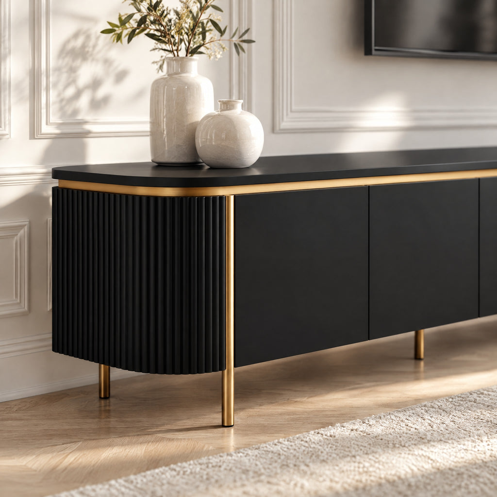 Meuble TV arrondi sur cadre doré 180 cm, noir, gros plan
