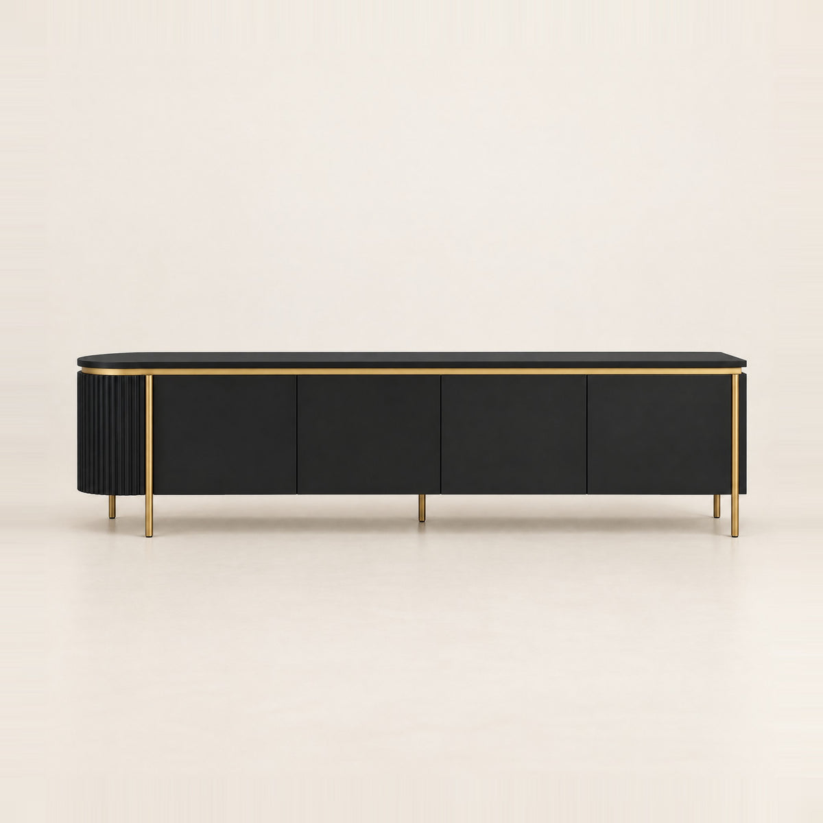 Meuble TV arrondi sur cadre doré 180 cm, noir, vue de face