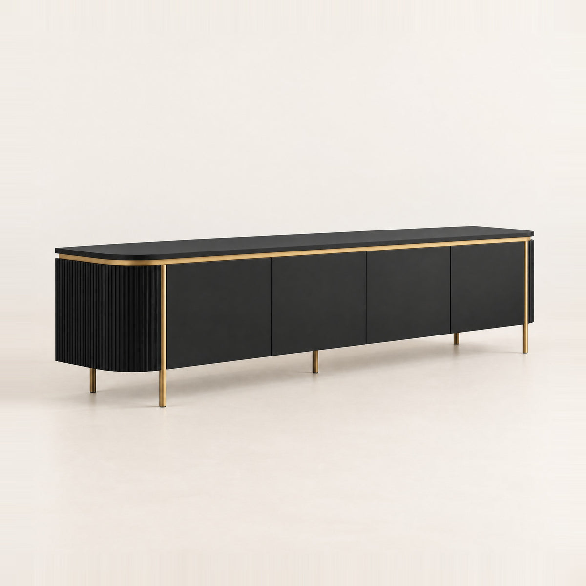 Meuble TV arrondi sur cadre doré 180 cm, noir, vue de trois quarts