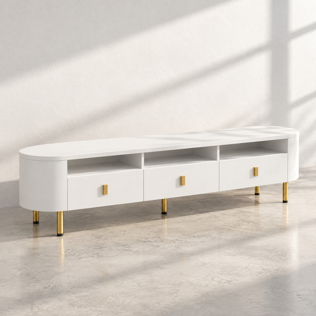 Meuble TV blanc arrondi 3 tiroirs pieds dorés 174 cm, au soleil