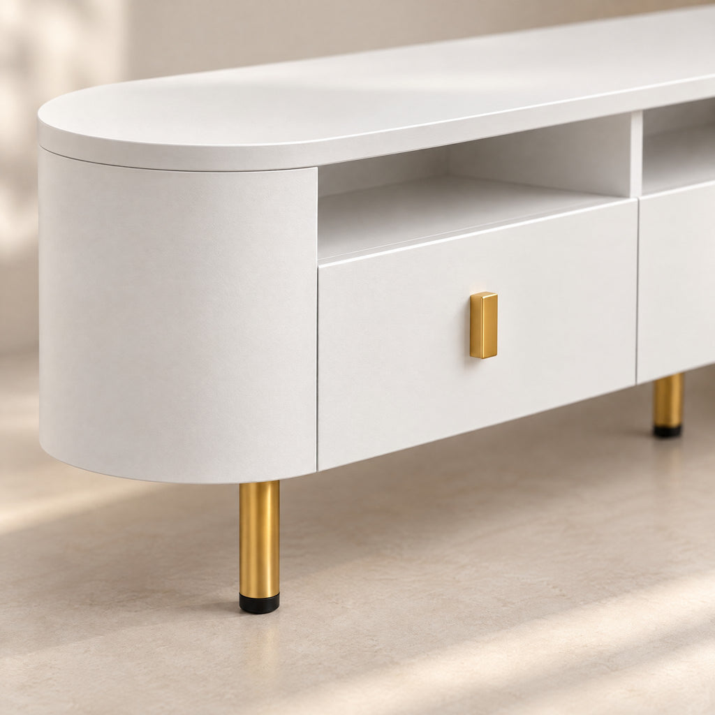 Meuble TV blanc arrondi 3 tiroirs pieds dorés 174 cm, détail de la finition