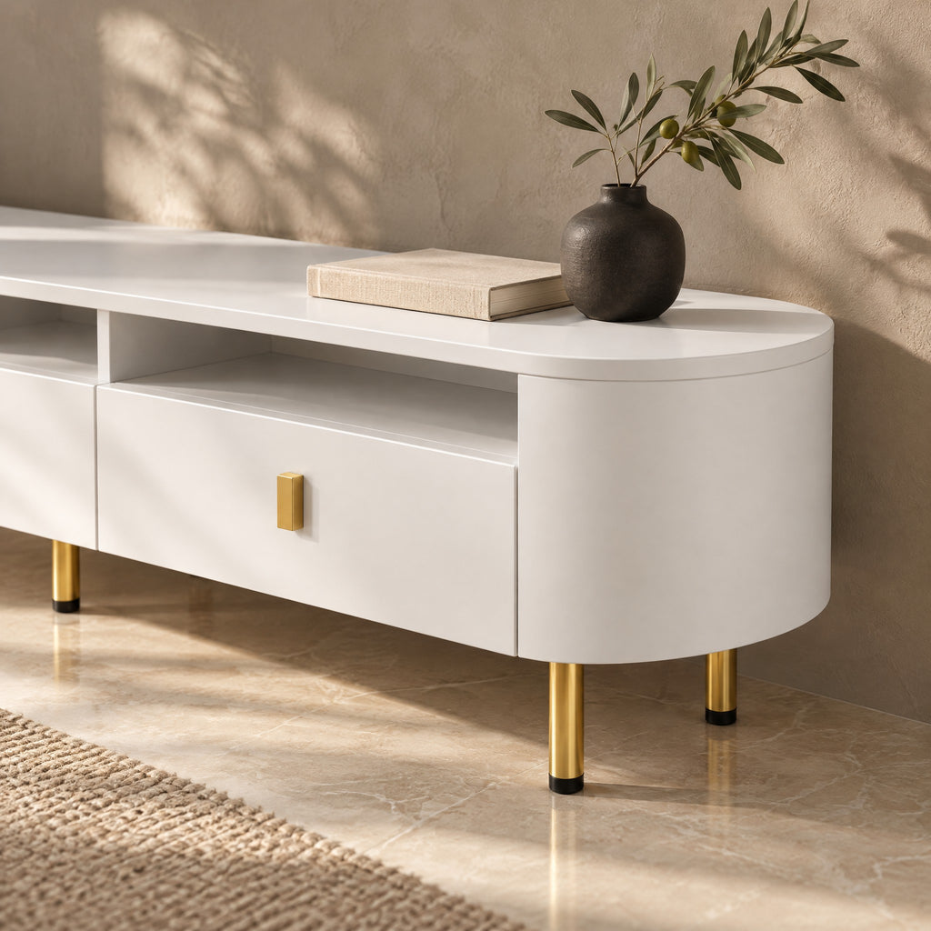 Meuble TV blanc arrondi 3 tiroirs pieds dorés 174 cm, gros plan