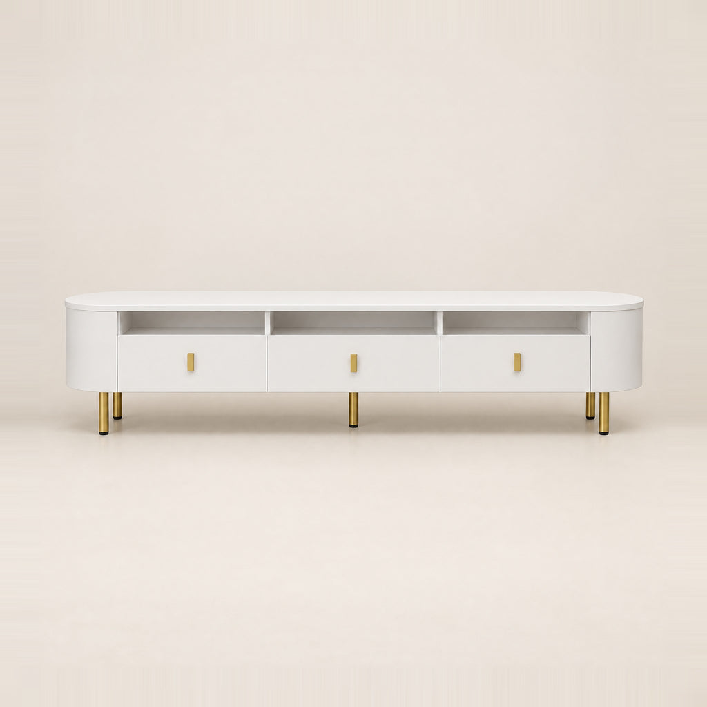 Meuble TV blanc arrondi 3 tiroirs pieds dorés 174 cm, vue de face