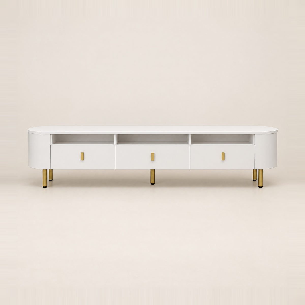 Meuble TV blanc arrondi 3 tiroirs pieds dorés 174 cm, vue de face