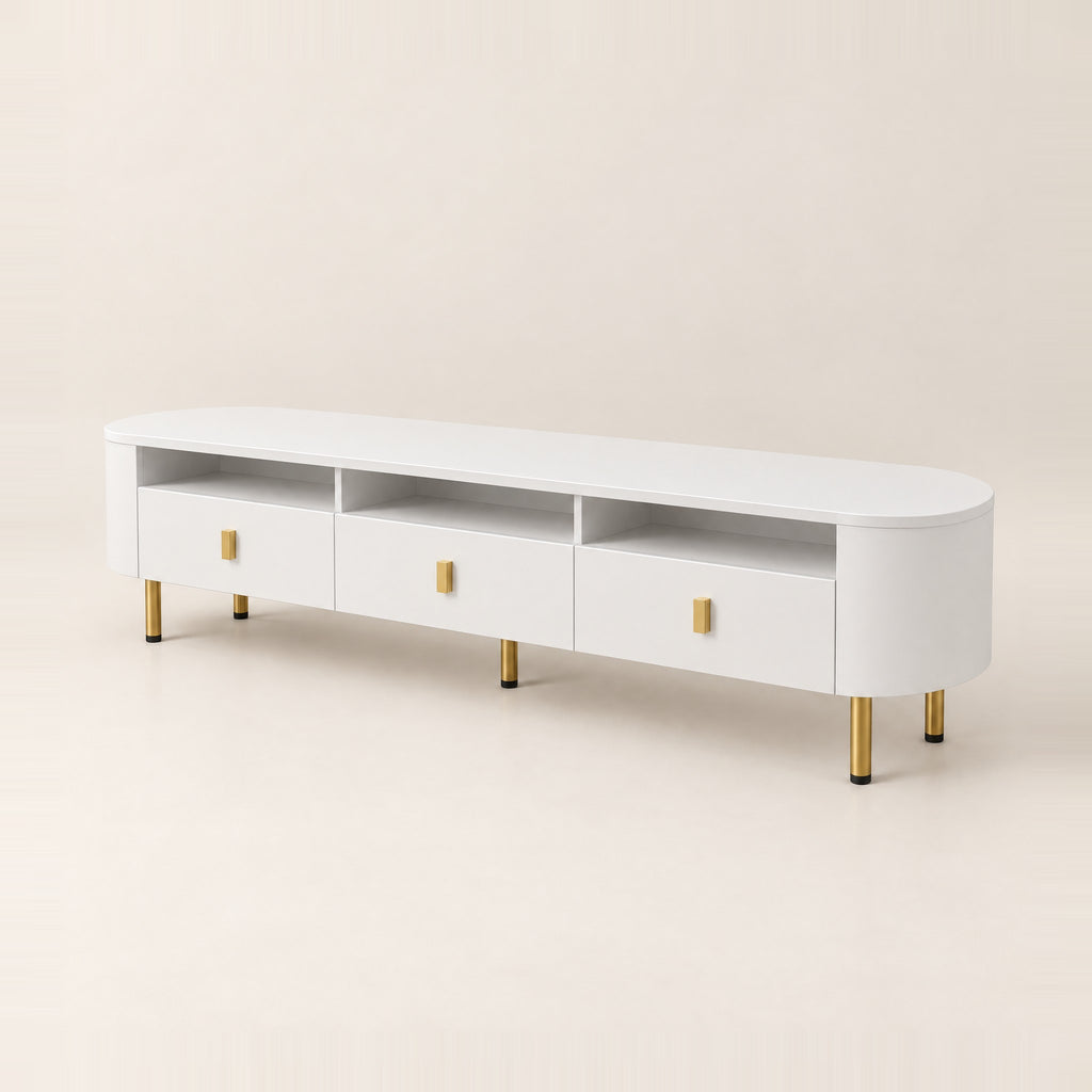 Meuble TV blanc arrondi 3 tiroirs pieds dorés 174 cm, vue de trois quarts