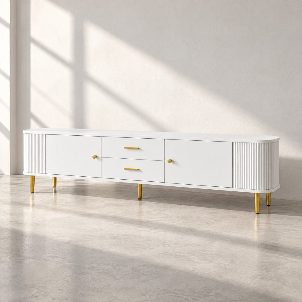 Meuble TV blanc arrondi cannelé pieds dorés 170 cm, au soleil
