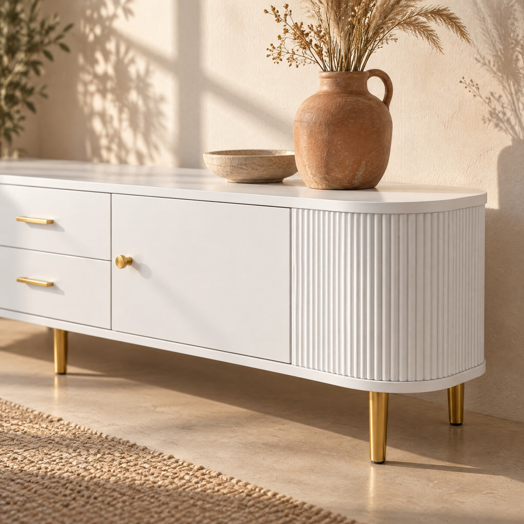Meuble TV blanc arrondi cannelé pieds dorés 170 cm, gros plan
