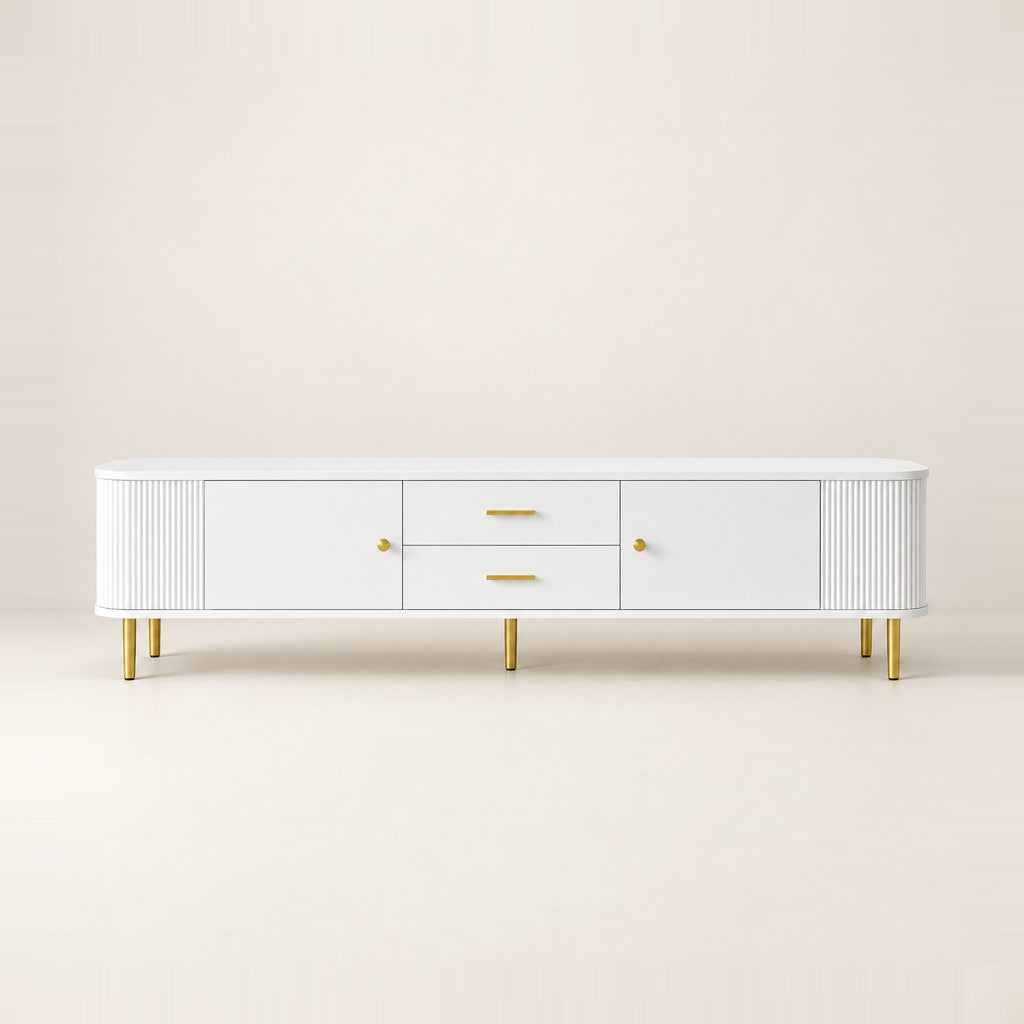 Meuble TV blanc arrondi cannelé pieds dorés 170 cm, vue de face