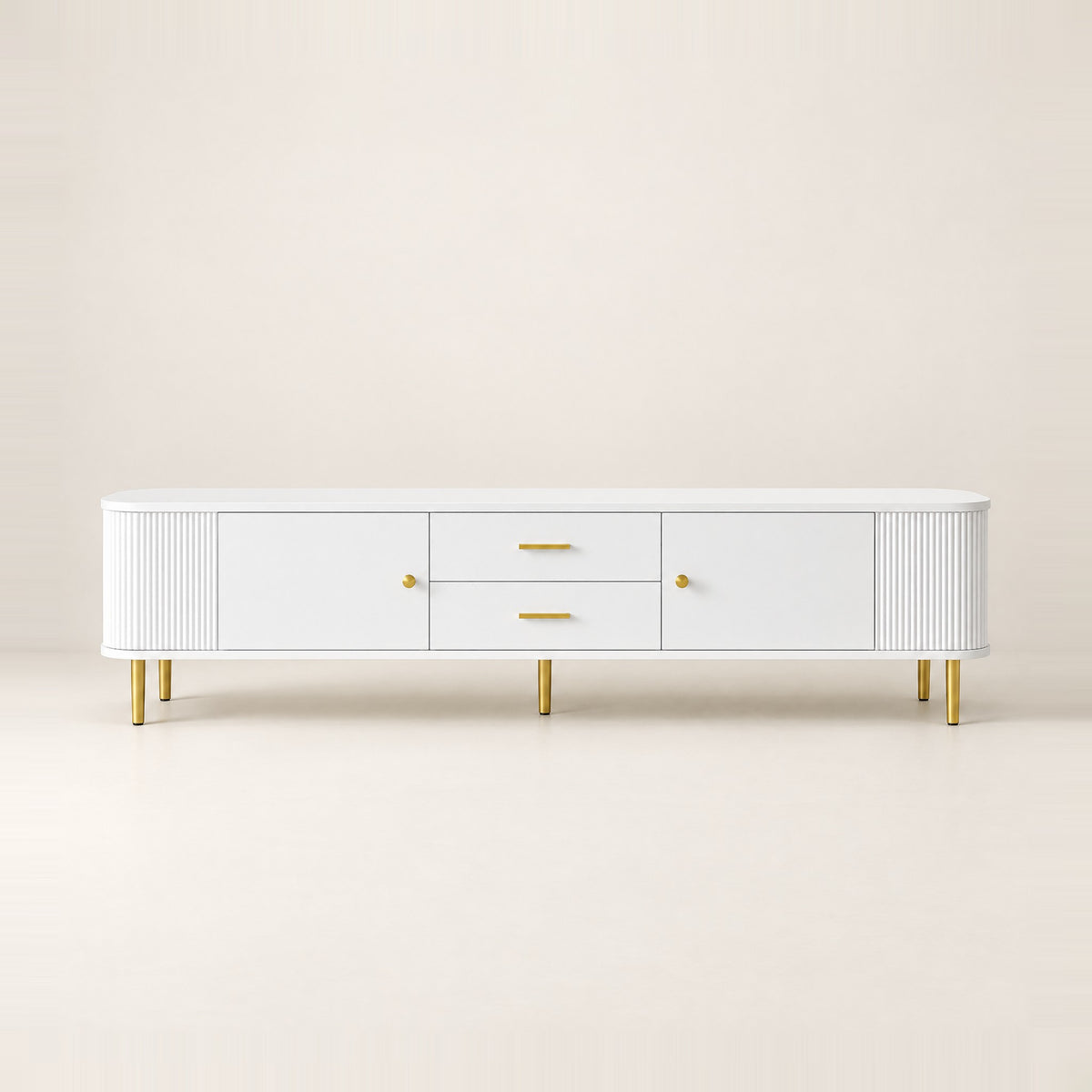 Meuble TV blanc arrondi cannelé pieds dorés 170 cm, vue de face