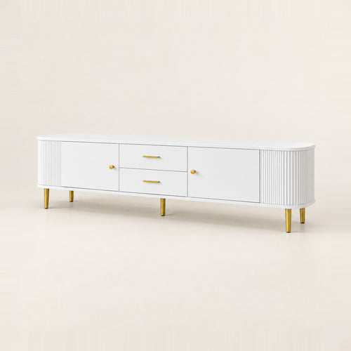 Meuble TV blanc arrondi cannelé pieds dorés 170 cm, vue de trois quarts