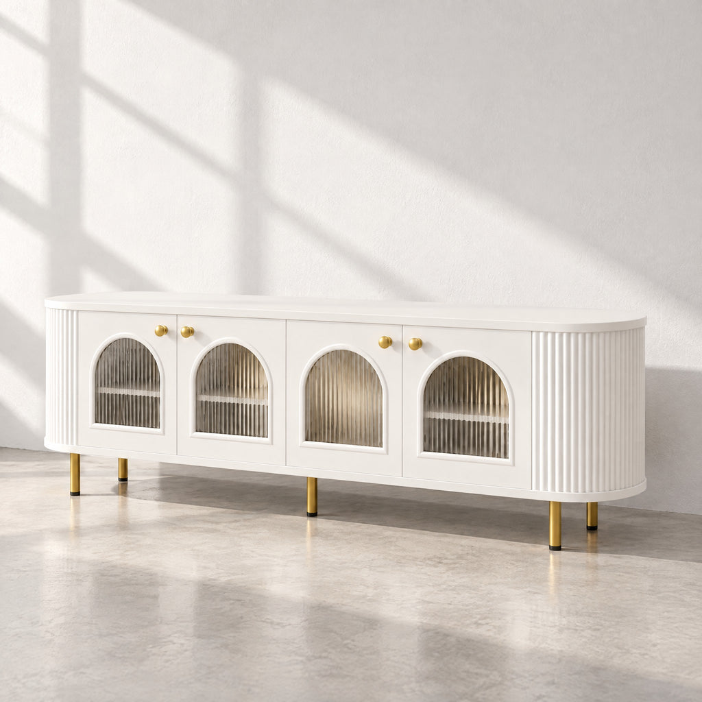 Meuble TV blanc arrondi portes vitrées en arche 170 cm, au soleil