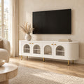 Meuble TV blanc arrondi portes vitrées en arche 170 cm, dans un salon