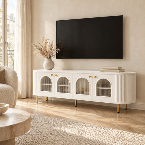 Meuble TV blanc arrondi portes vitrées en arche 170 cm, dans un salon
