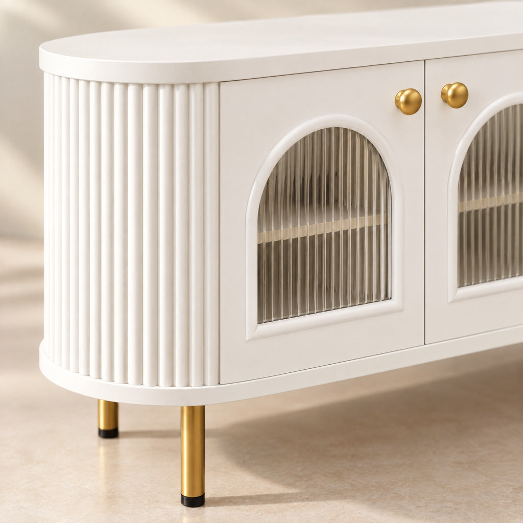 Meuble TV blanc arrondi portes vitrées en arche 170 cm, détail de la finition