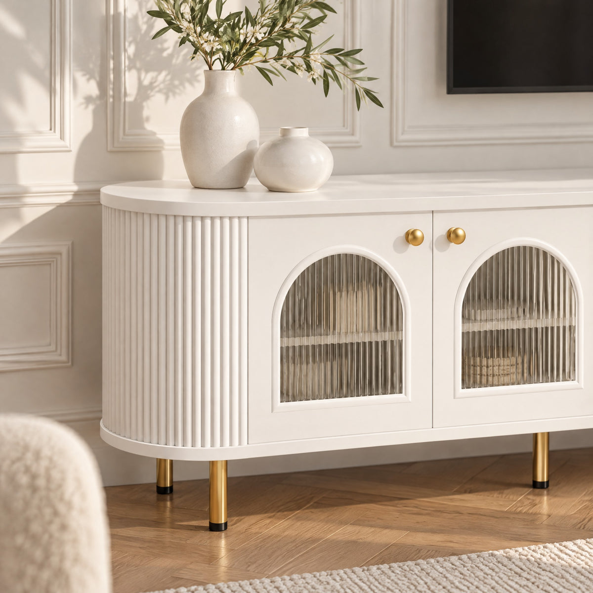 Meuble TV blanc arrondi portes vitrées en arche 170 cm, gros plan