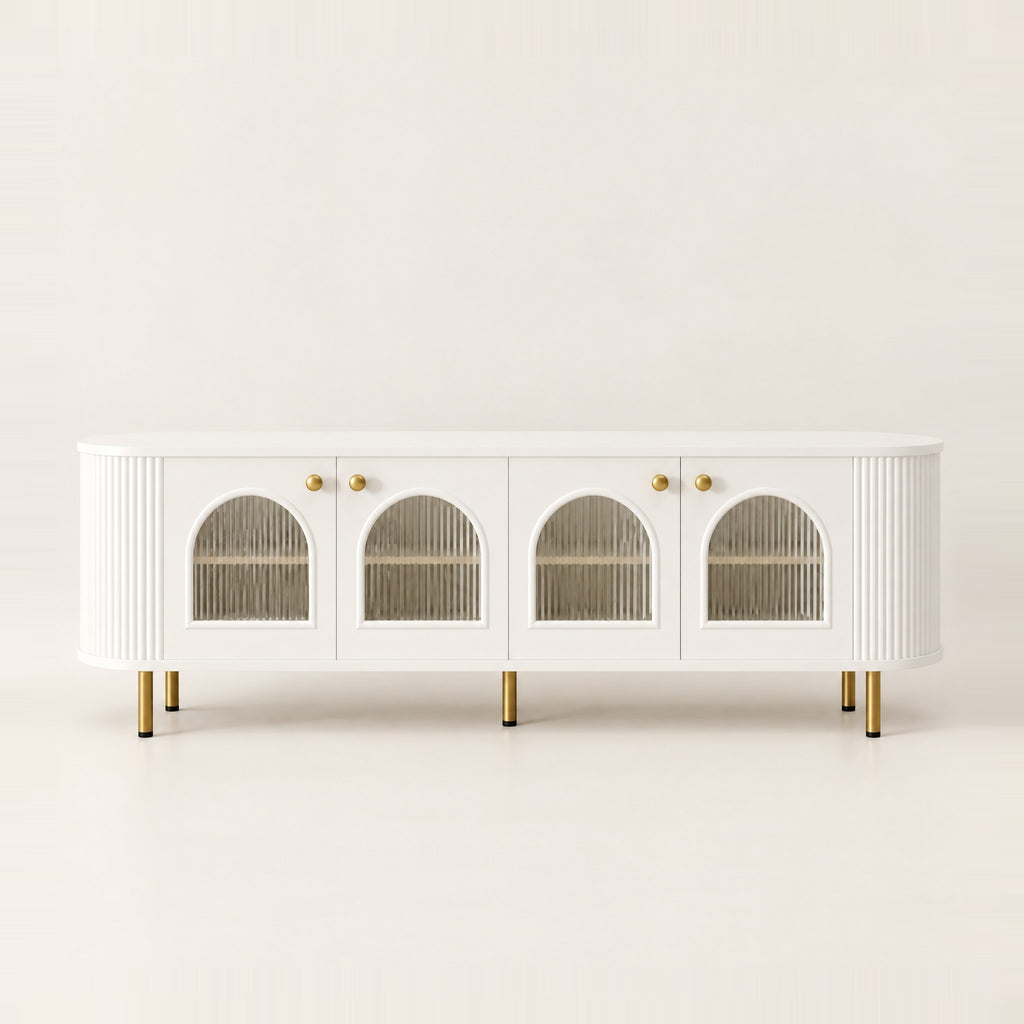 Meuble TV blanc arrondi portes vitrées en arche 170 cm, vue de face