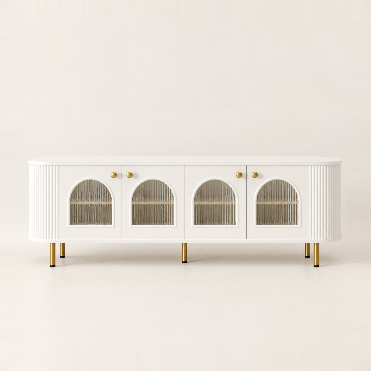 Meuble TV blanc arrondi portes vitrées en arche 170 cm, vue de face