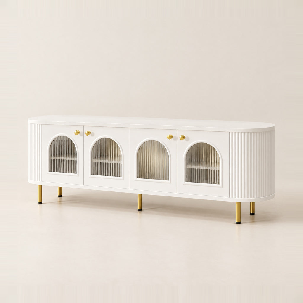 Meuble TV blanc arrondi portes vitrées en arche 170 cm, vue de trois quarts