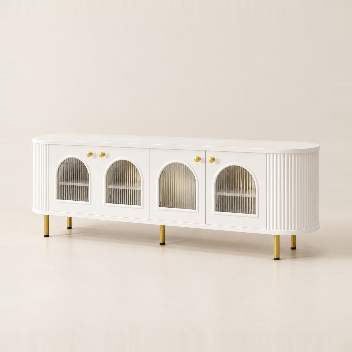 Meuble TV blanc arrondi portes vitrées en arche 170 cm, vue de trois quarts