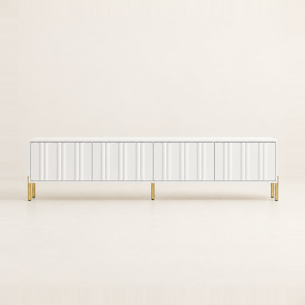 Meuble TV blanc façades ondulées pieds dorés 190 cm, vue de face