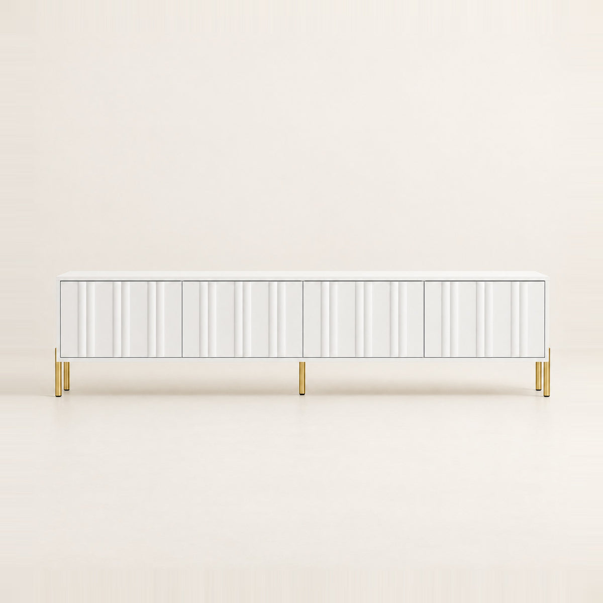 Meuble TV blanc façades ondulées pieds dorés 190 cm, vue de face
