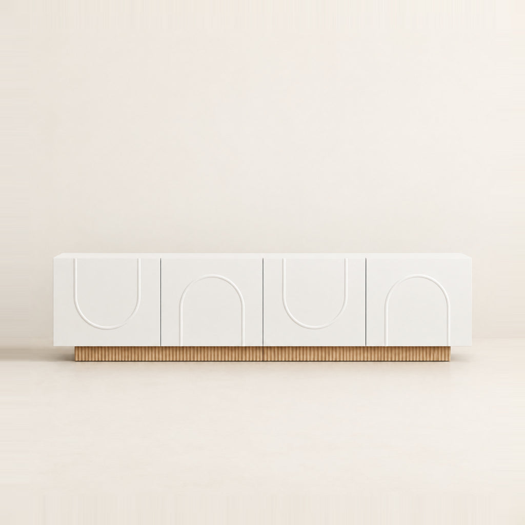 Meuble TV blanc portes en arche socle cannelé 170 cm, vue de face