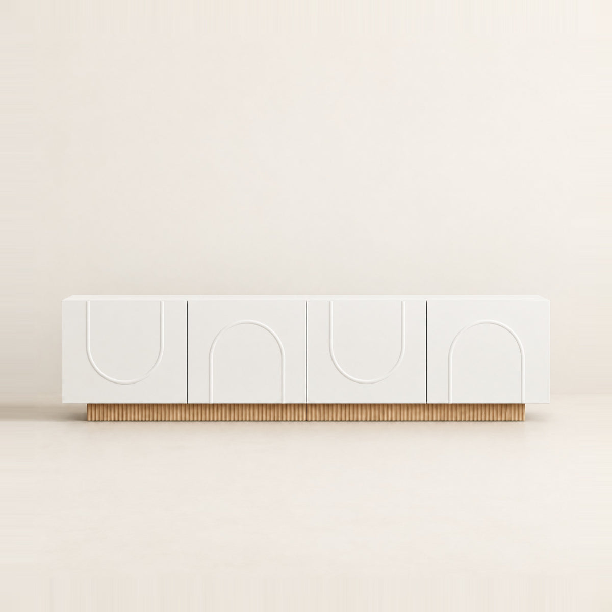 Meuble TV blanc portes en arche socle cannelé 170 cm, vue de face