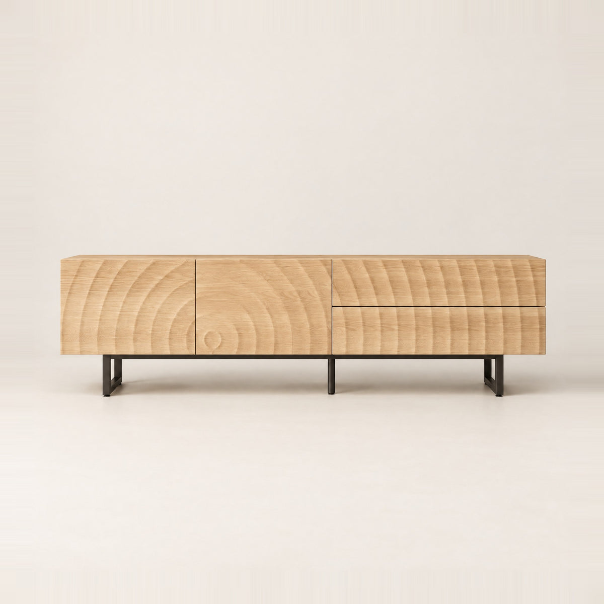 Meuble TV bois clair façades en ondes 180 cm, vue de face