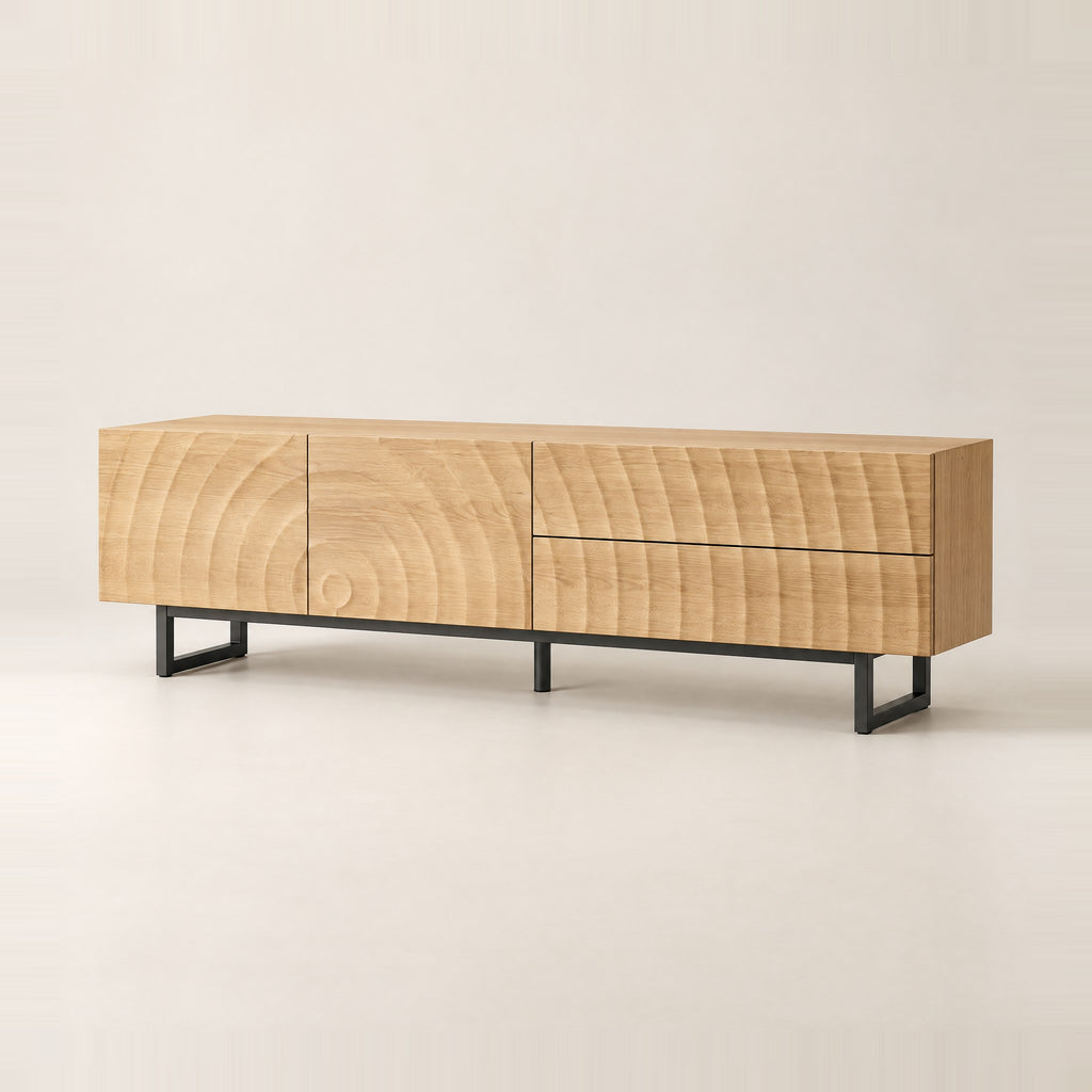 Meuble TV bois clair façades en ondes 180 cm, vue de trois quarts