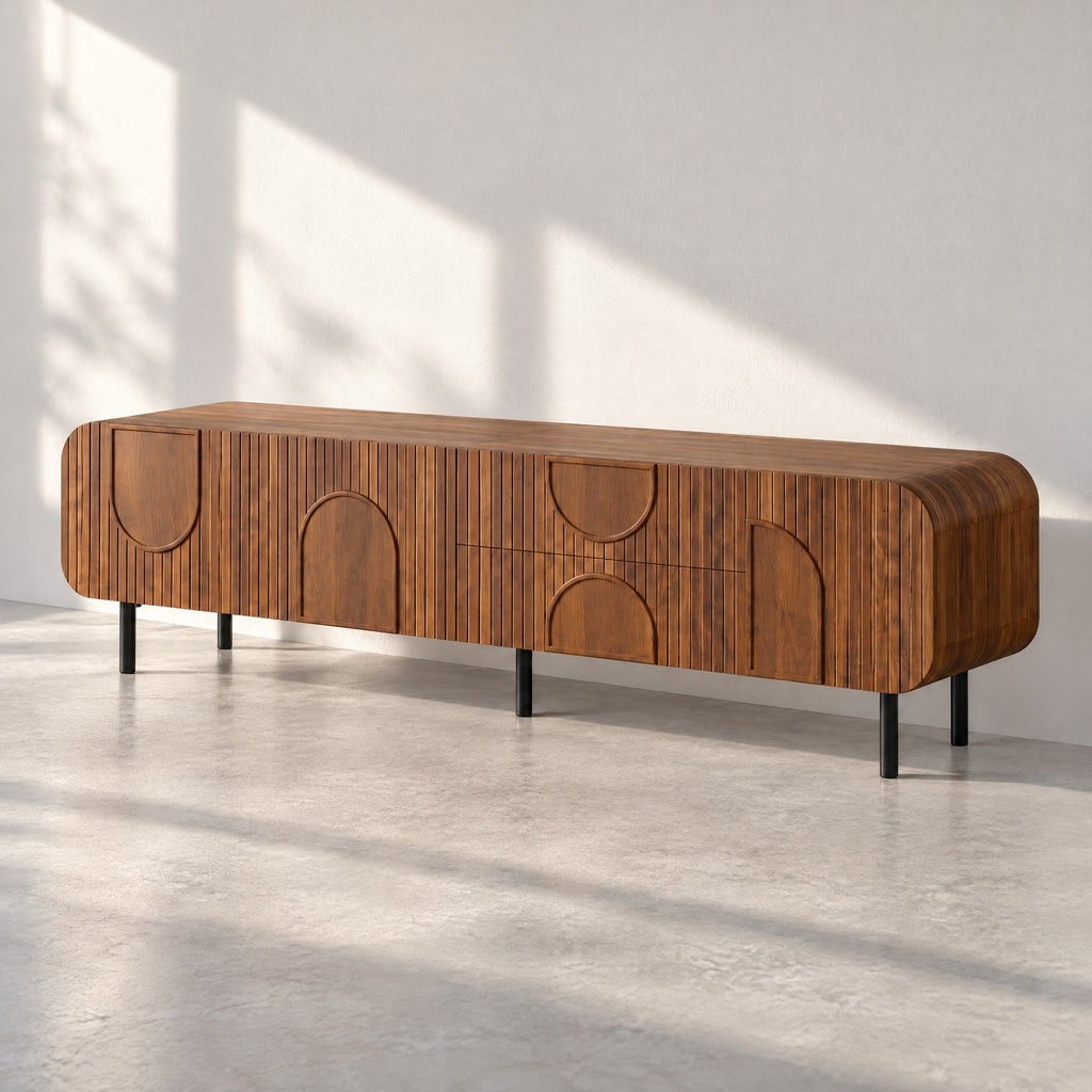 Meuble TV cannelé noyer à arches 180 cm, au soleil