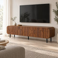 Meuble TV cannelé noyer à arches 180 cm, dans un salon