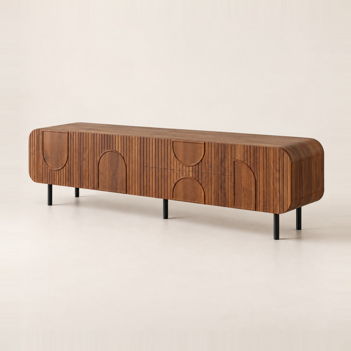 Meuble TV cannelé noyer à arches 180 cm, vue de trois quarts